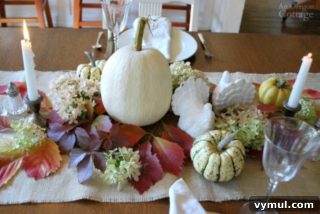 Simple, White, Natural Thanksgiving tablescape centerpiece with rustic turkeys