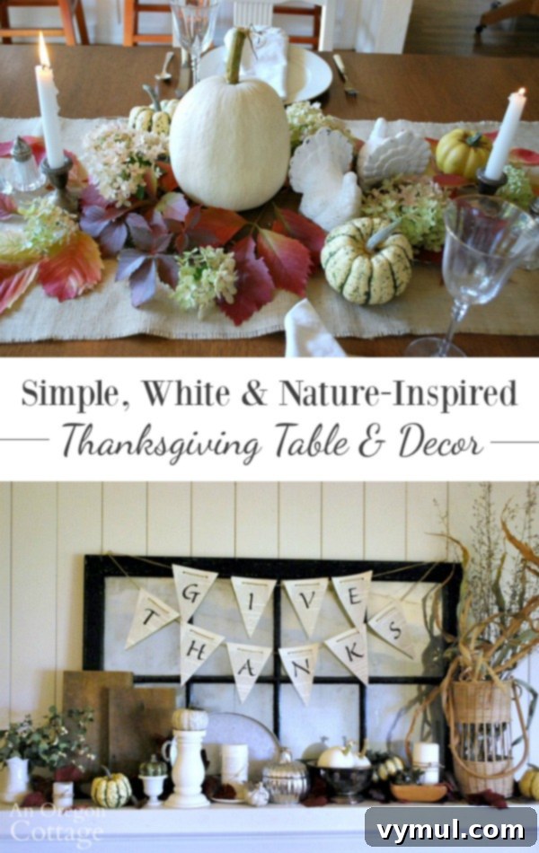 Simple, white and nature-inspired Thanksgiving table and decor with overhead view