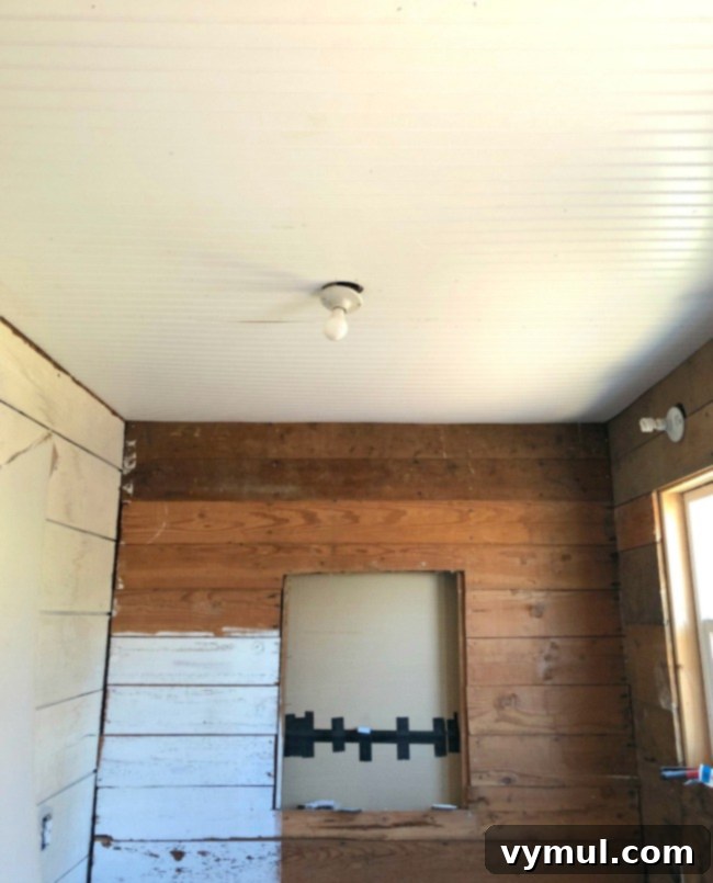 2020 Fall Garden Tour Video and Farmhouse Reno Update 3 laundry room ceiling beadboard