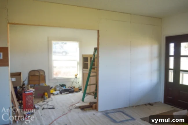 Mid-Year 3 Farmhouse Progress Tour 4 new farmhouse wall in living area