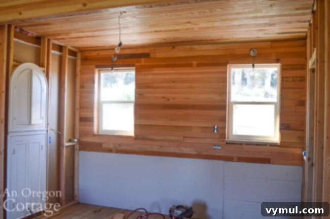 Mid-Year 3 Farmhouse Progress Tour 6 kitchen window wall-ceiling beadboard