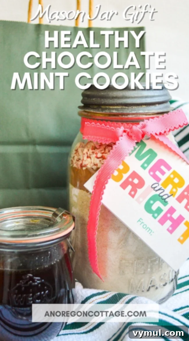 Delicious homemade healthy chocolate mint cookie mix in a mason jar, perfect for a thoughtful gift.