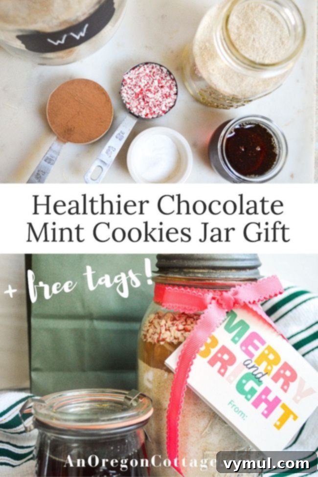 An inviting close-up of a healthy chocolate mint cookie mix packaged in a mason jar, alongside a smaller jar of pure maple syrup, ready for gifting.