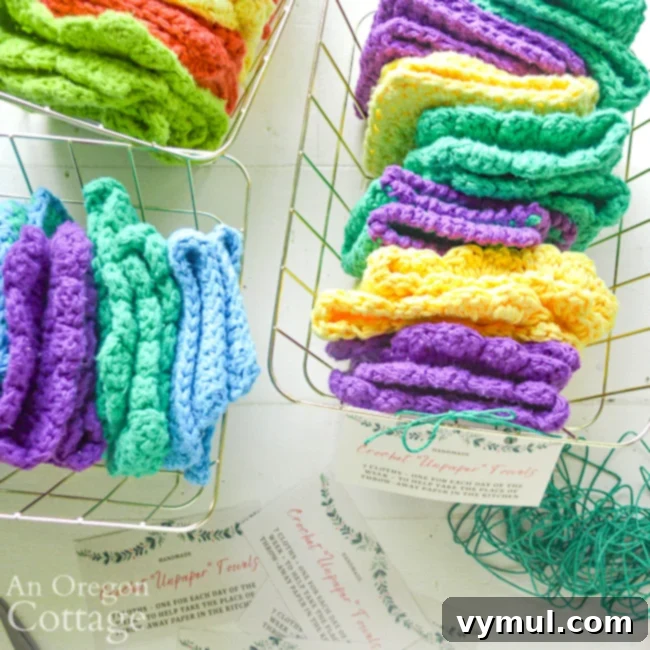 Multiple baskets of crochet unpaper towels, each featuring different color combinations.