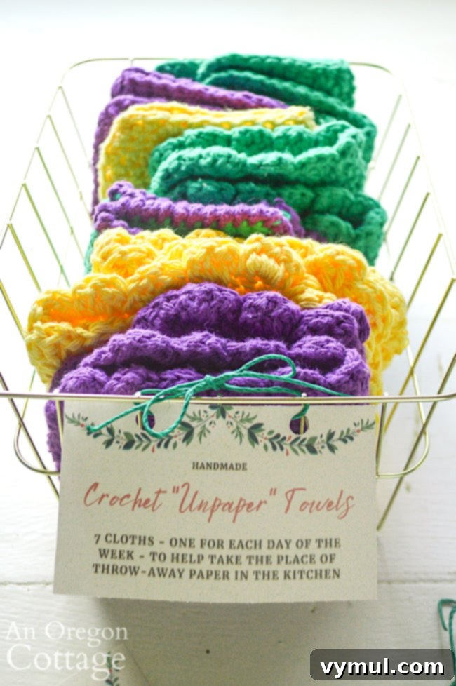 A beautifully arranged gift basket filled with crochet unpaper towels, ready for gifting.