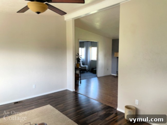 Farmhouse Moving Day: Vintage Finds, Cozy Linens, and Literary Treasures 3 empty rooms in manufactured home where the author lived during farmhouse renovation