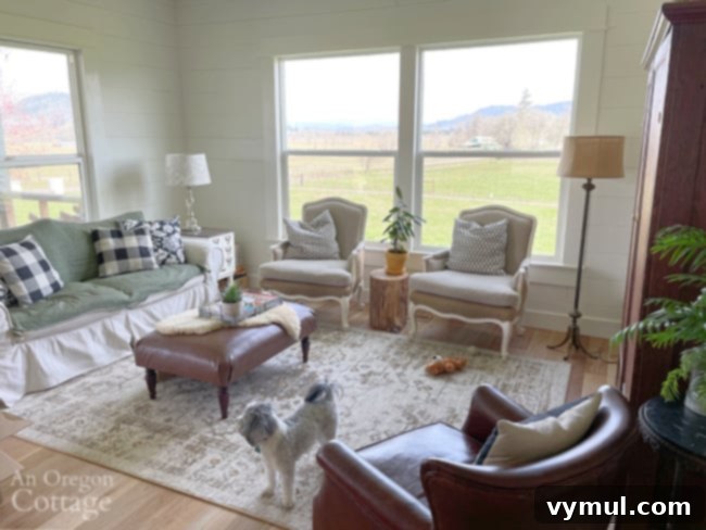 Farmhouse Moving Day: Vintage Finds, Cozy Linens, and Literary Treasures 4 furnished farmhouse living room with a bright view