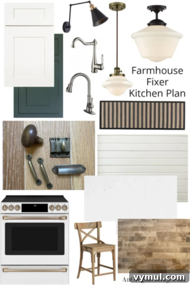 Classic farmhouse kitchen mood board for a remodel that incorporates original beadboard, adds space from an enclosed porch, as well as adding character with vintage built-ins. Farmhouse fixer classic kitchen.
