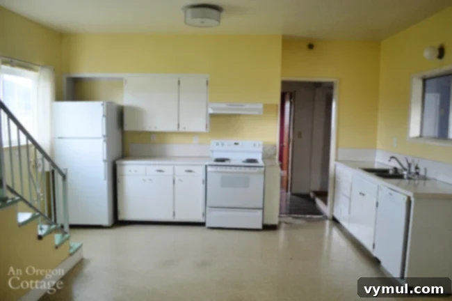 Farmhouse kitchen from living room BEFORE renovation