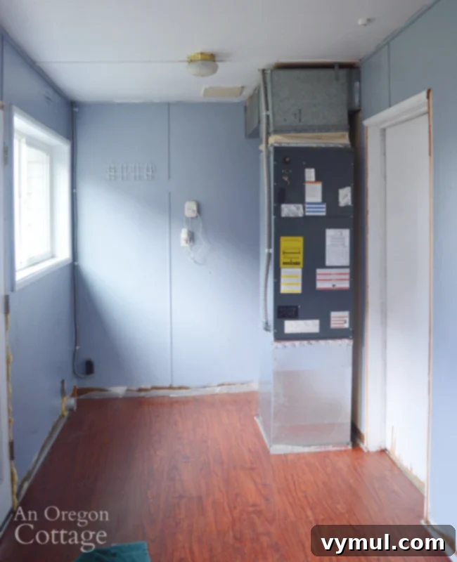 Farmhouse before enclosed porch-right side with dryer vent and furnace