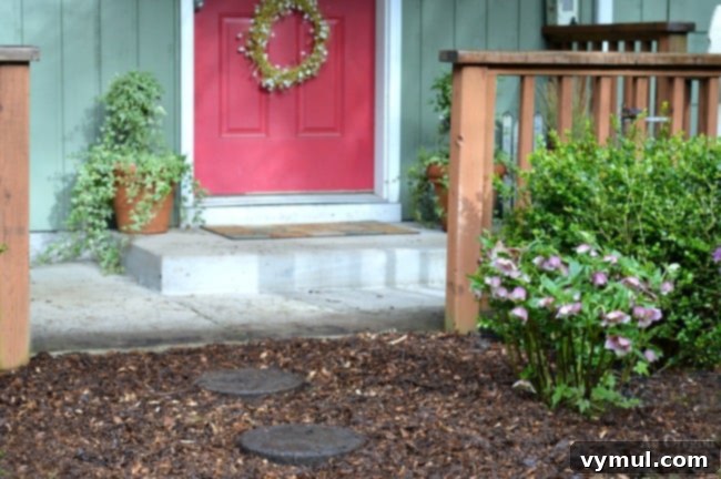 A beautifully cleaned and mulched spring garden bed, showcasing the transformation after applying compost mulch.