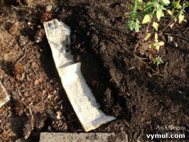 A gardener laying newspaper as a base layer before adding mulch to a flower bed, illustrating a key step in organic weed control.