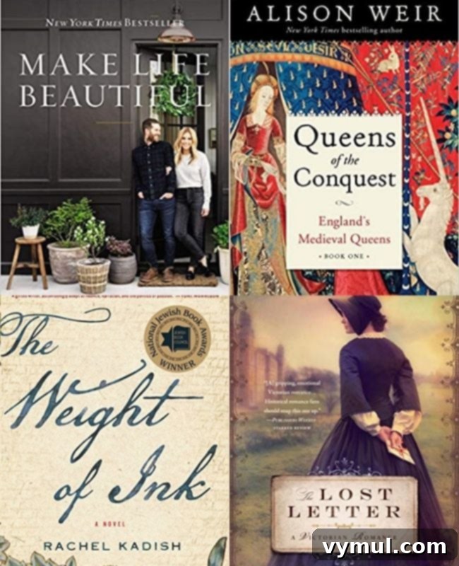 My Happy List 38: Garden Updates, Home Finds, and Current Reads 7 Covers of May Reads 2021 including The Weight of Ink, Make Life Beautiful, and Queens of Conquest.