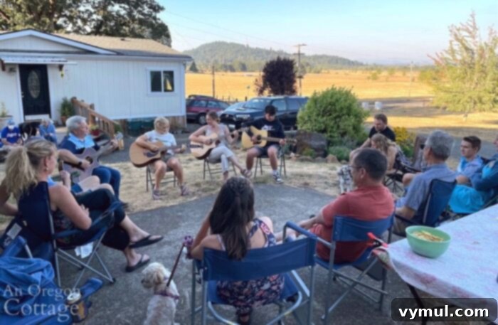 My Current Joys: Crescent Lake, Family Moments, Preserving the Harvest, Simple Dog Treats, and Favorite Entertainment 5 Outdoor family gathering celebrating 80th birthday with distant hills