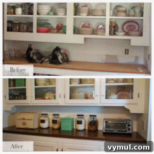 butlers-pantry-before-after Before and after comparison of the butler's pantry area in a kitchen.