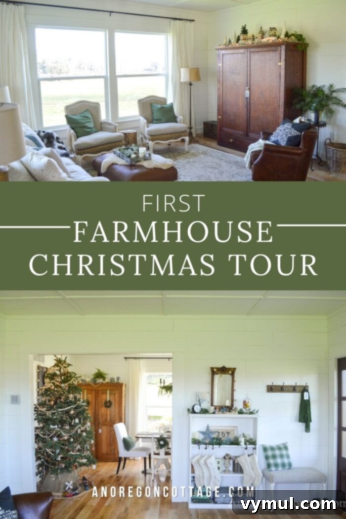 First Christmas tour of a renovated 1900 farmhouse, featuring simple green, white, gold, and silver decor