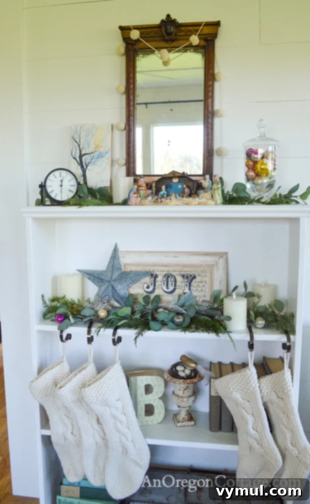 Entryway bookshelf used as a mantel for Christmas stockings and nativity set in a 1900 farmhouse