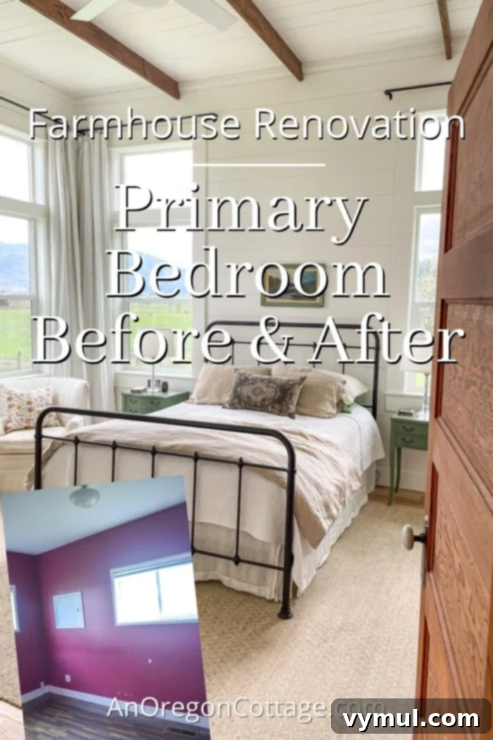 farmhouse primary bedroom before-after-looking through door