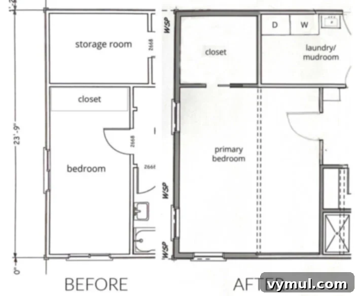 Bedroom before-after floor plans