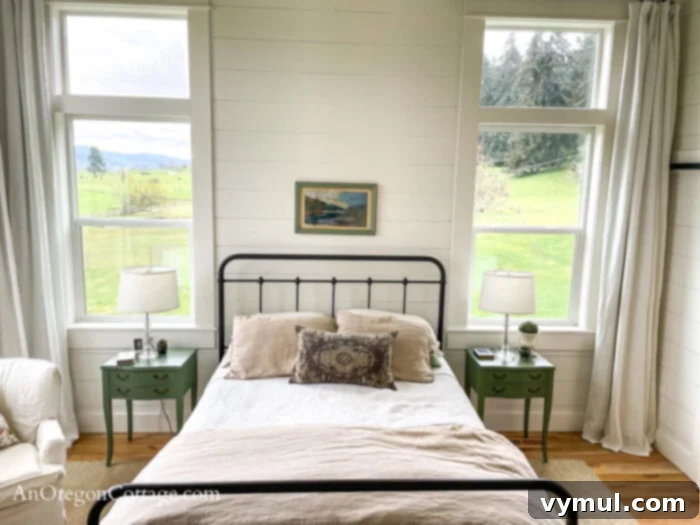 farmhouse primary bedroom bed AFTER-south wall bed and windows