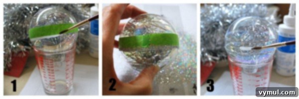 Tinsel-Bubble-Ornament-Steps Step-by-step image showing how to make the tinsel bubble ornament