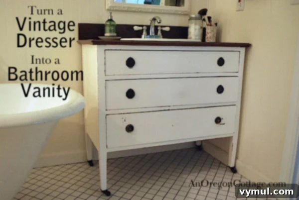 Transformed thrift store dresser into a bathroom vanity