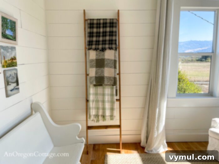 Curated 54: Home Hacks & Happy Reads 4 decorative blanket ladder in bedroom, hiding electrical panel