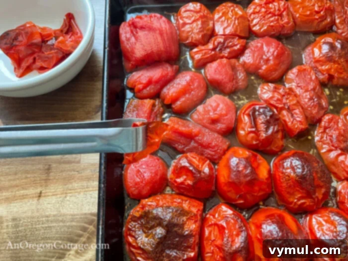 Thick Smoky Roasted Chipotle Salsa 6 removing skins from roasted tomatoes
