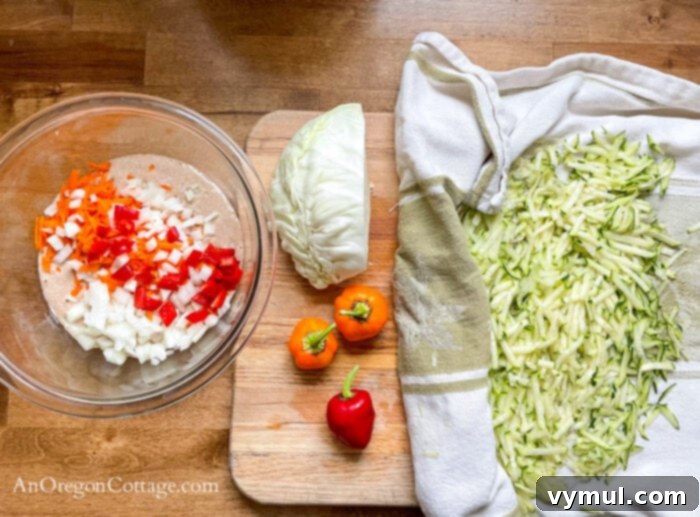 Speedy Sourdough Discard Veggie Fritters 4 Sourdough fritters ingredients, including various chopped vegetables
