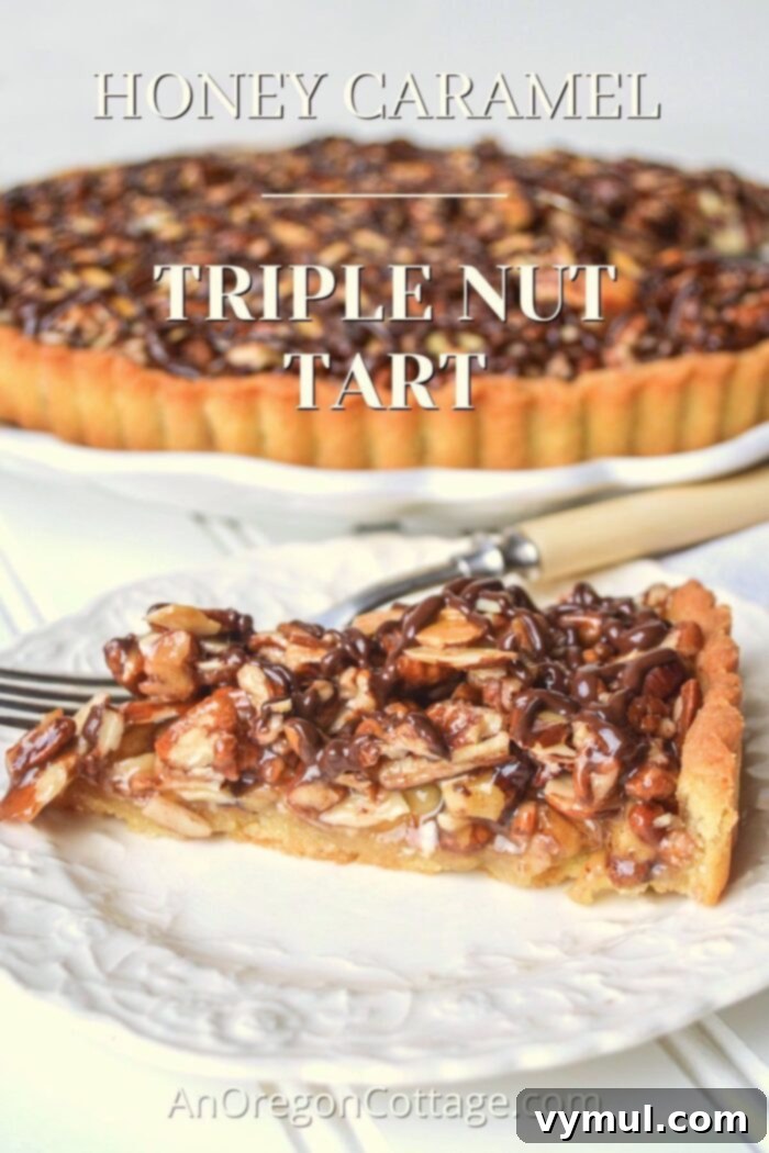 Easy Honey Caramel Triple Nut Tart 2 Honey Caramel Triple Nut Tart, showcasing a perfectly baked tart with a golden crust and a glistening nut-caramel filling.