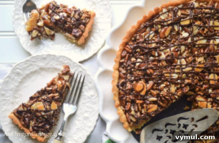 Easy Honey Caramel Triple Nut Tart 3 Plated slices of Honey Caramel Triple Nut Tart, showing the delicate crust and rich nut filling.