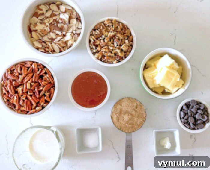 Easy Honey Caramel Triple Nut Tart 4 Key ingredients for the triple nut tart filling laid out, including various nuts, honey, and brown sugar.