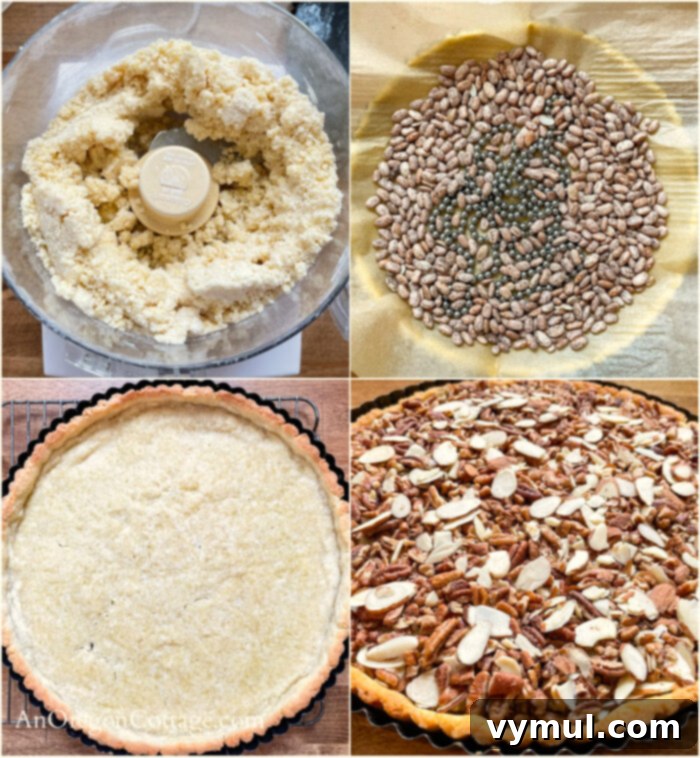 Easy Honey Caramel Triple Nut Tart 5 Hands pressing the tart crust dough into a tart pan with a removable bottom.