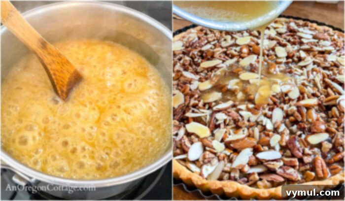 Easy Honey Caramel Triple Nut Tart 6 Ingredients for the honey caramel filling being heated in a saucepan.