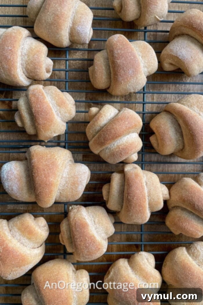 A plate of golden-brown whole wheat crescent rolls, showcasing their soft texture and buttery appeal.