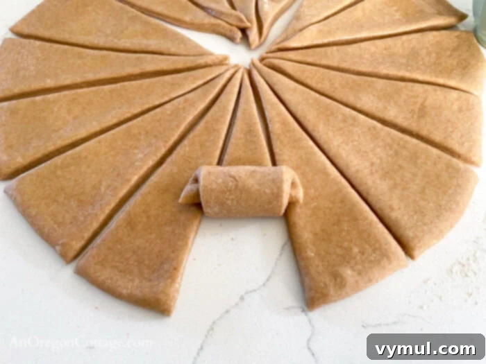 Hands demonstrating the rolling technique for whole wheat crescent dough, from wide end to narrow tip.