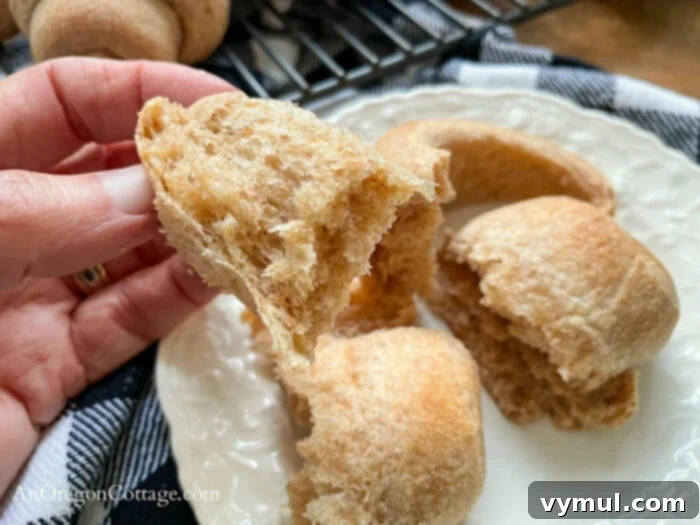 Detailed close-up of the fluffy, tender crumb of a whole wheat crescent roll, revealing its perfect texture.