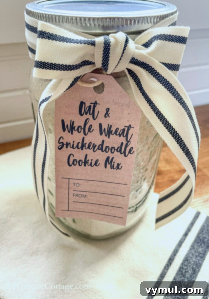 Snickerdoodle Cookie Mix Gift Jar with Wholesome Oat and Whole Wheat and Printable Tags 11 Close-up of Oat-WW snickerdoodle cookie mix gift jar with tag