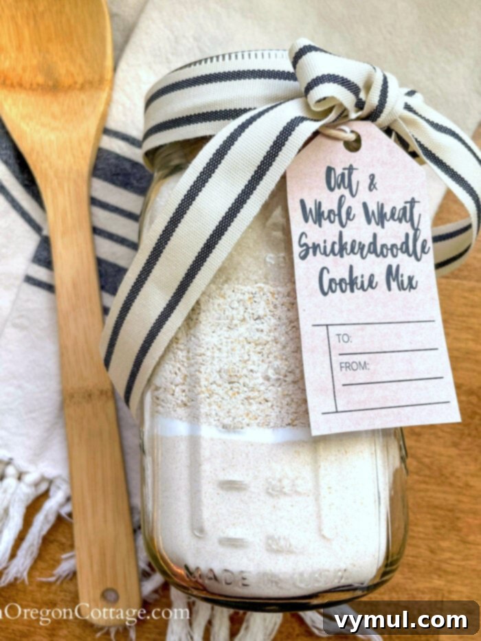 Snickerdoodle Cookie Mix Gift Jar with Wholesome Oat and Whole Wheat and Printable Tags 3 Beautifully layered Oat-WW snickerdoodles cookie mix gift jar with a wooden spoon