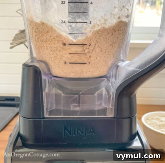 Snickerdoodle Cookie Mix Gift Jar with Wholesome Oat and Whole Wheat and Printable Tags 6 Blending rolled oats to make oat flour for the cookie mix