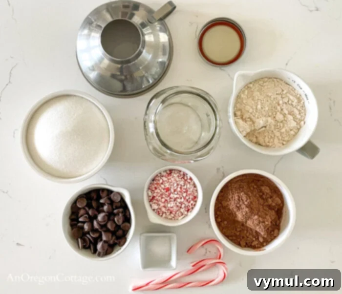 Ingredients for peppermint brownie mix laid out on a counter.