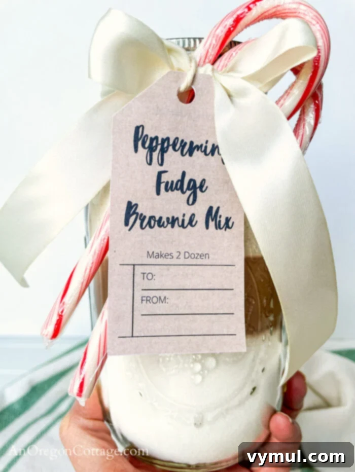 A person holding a beautifully assembled peppermint brownie mix in a jar, ready to be gifted.