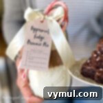 A close-up of baked brownies and the peppermint brownie mix in a jar.