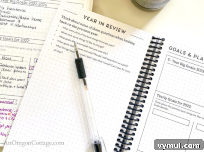 Recap, Reframe, Realign: Your 2023 Vision 3 year in review planner page, showing thoughtful reflection on past accomplishments and future plans