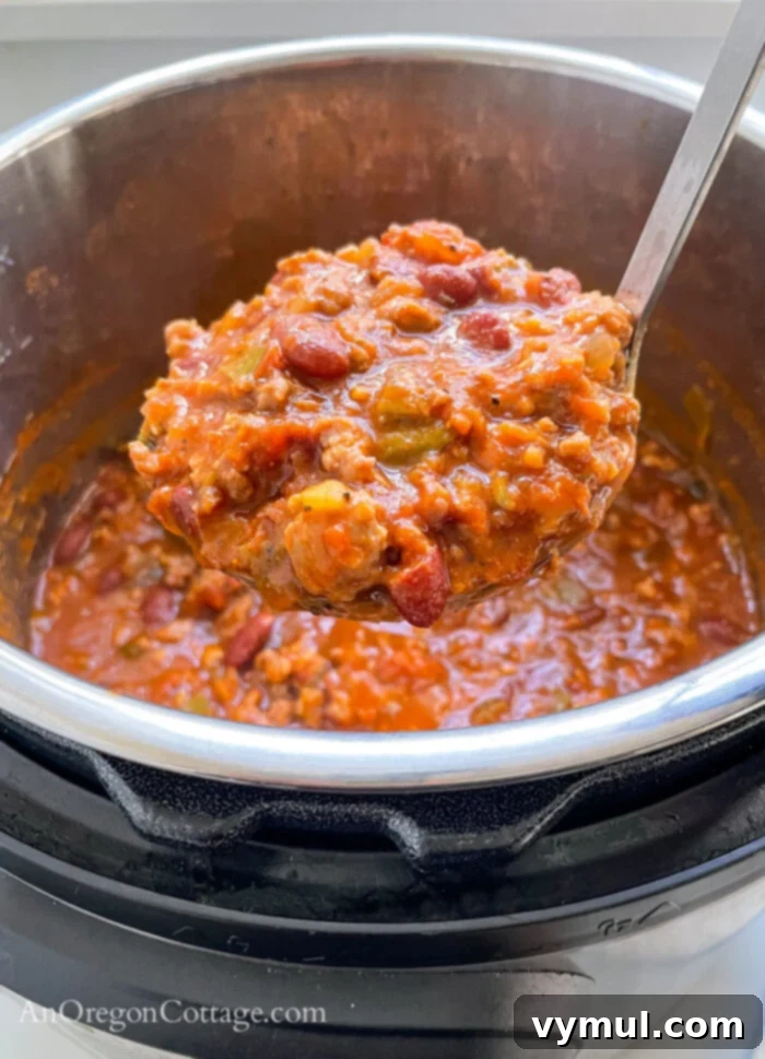 Effortless Chili For Any Cooker 6 cooked chili on ladle with Instant Pot