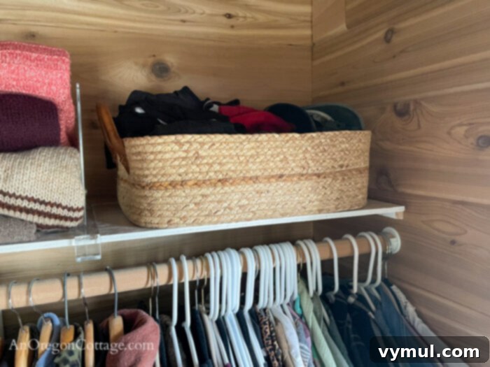 Good Things 58: Cultivating Calm, Organizing Chaos, and Curating Reads 5 Long woven storage basket neatly organized on a closet top shelf