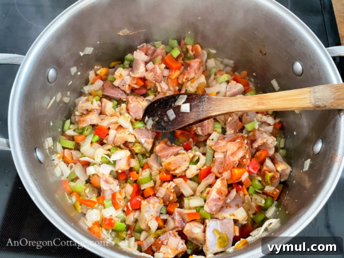 Quick Cajun Chicken Barley Harvest Soup 5 sautéing ingredients for Cajun Chicken Barley Vegetable Soup