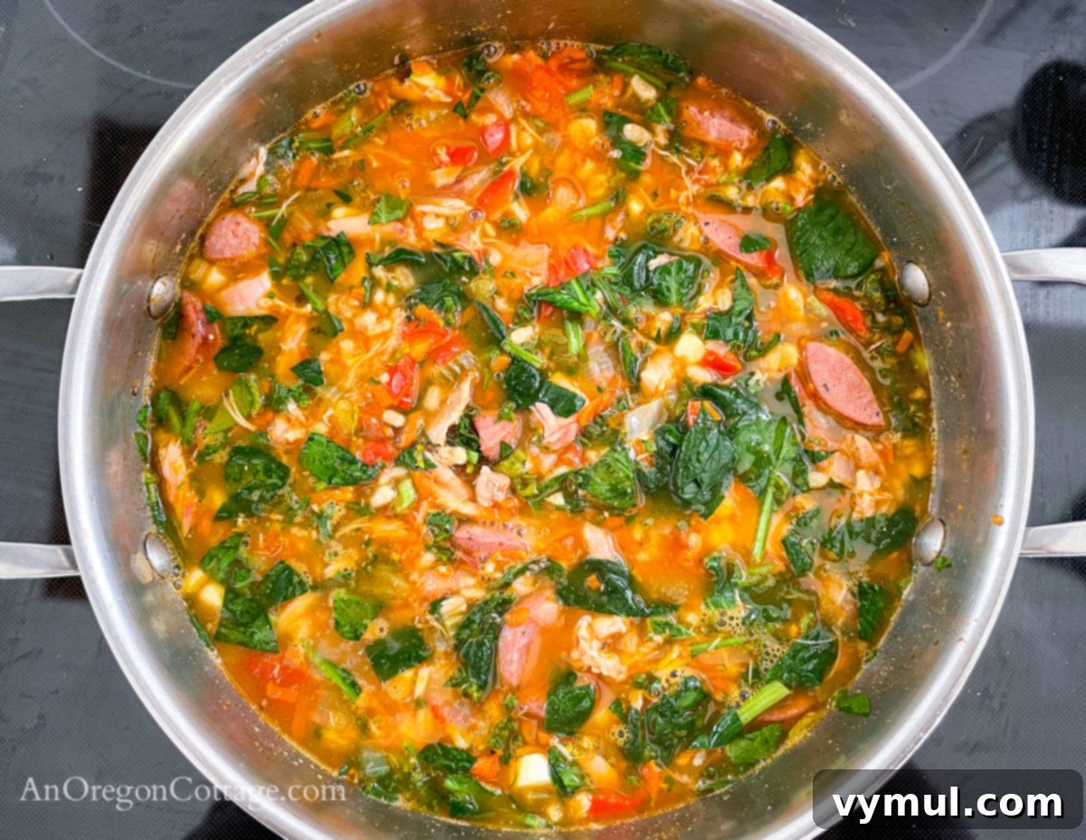 Quick Cajun Chicken Barley Harvest Soup 6 Cajun Chicken Barley Vegetable Soup with spinach in pot above