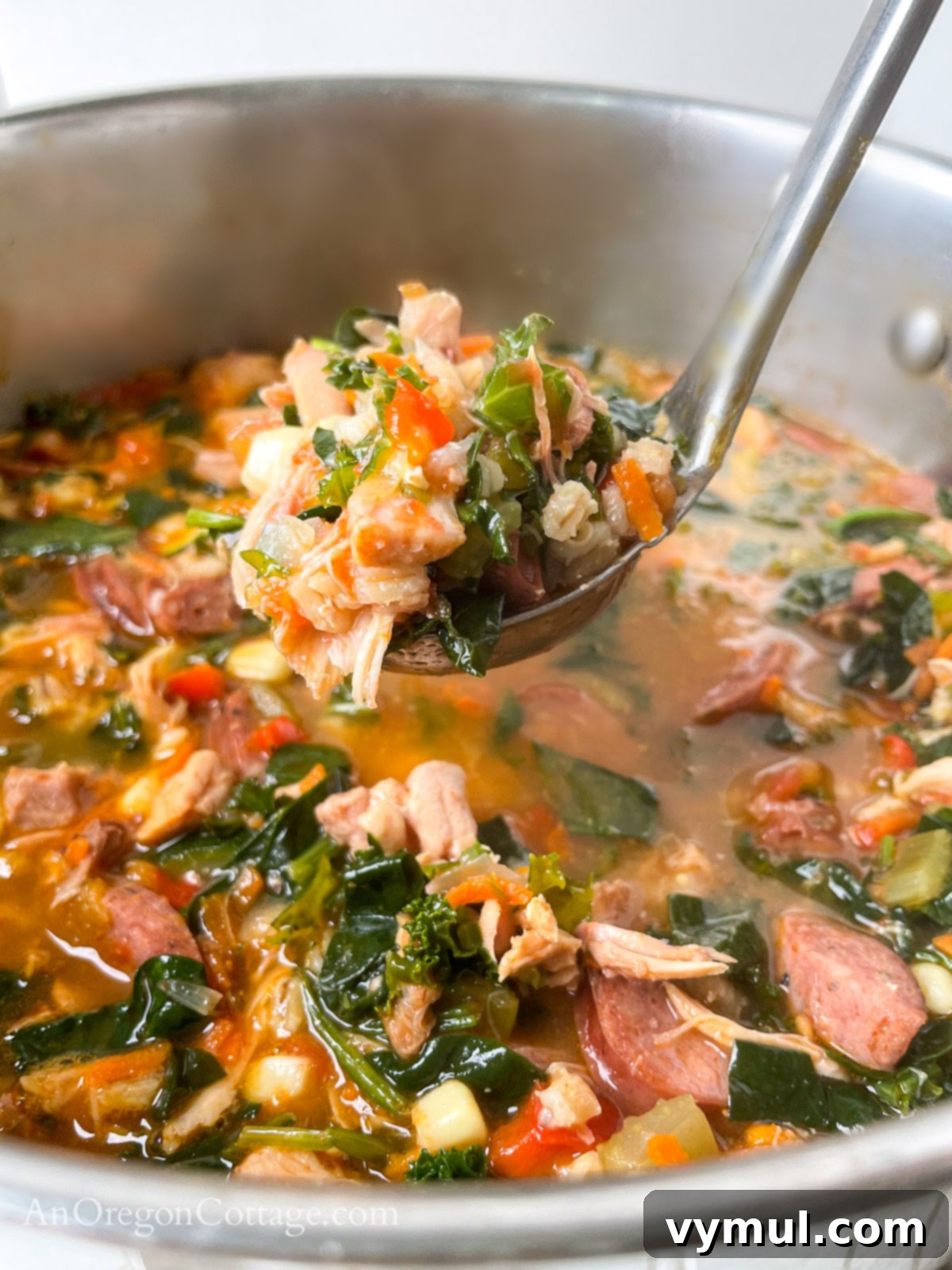 Quick Cajun Chicken Barley Harvest Soup 7 chicken barley soup on ladle