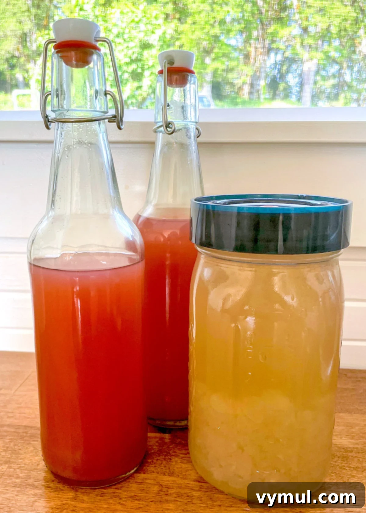 Homemade Water Kefir Made Easy 11 Bottles of second ferment water kefir alongside a jar of first ferment water kefir